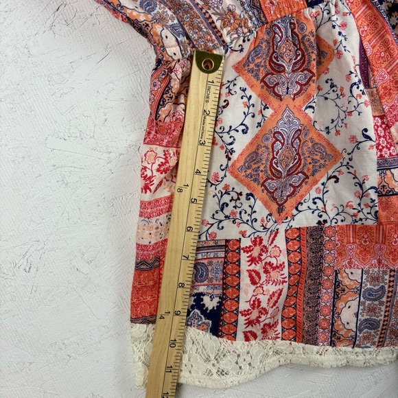 Les Amis Colorful Patchwork Bohemian Sleeveless Romper Large USA Made Lace Hem - Picture 8 of 8